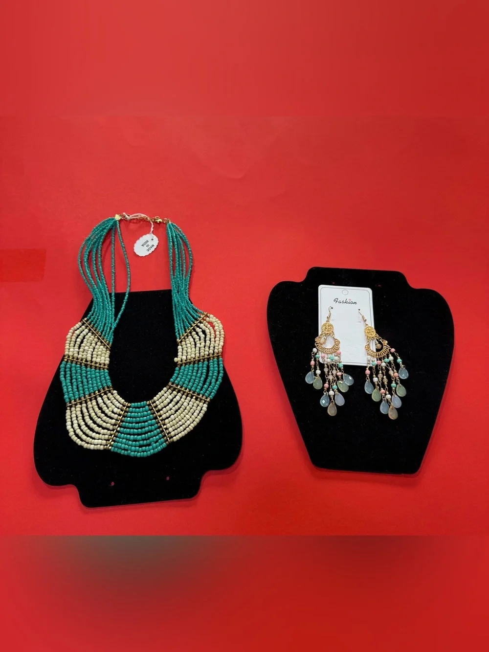 Turquoise and Cream Beaded Multi-Strand Statement Necklace& beautiful earrings